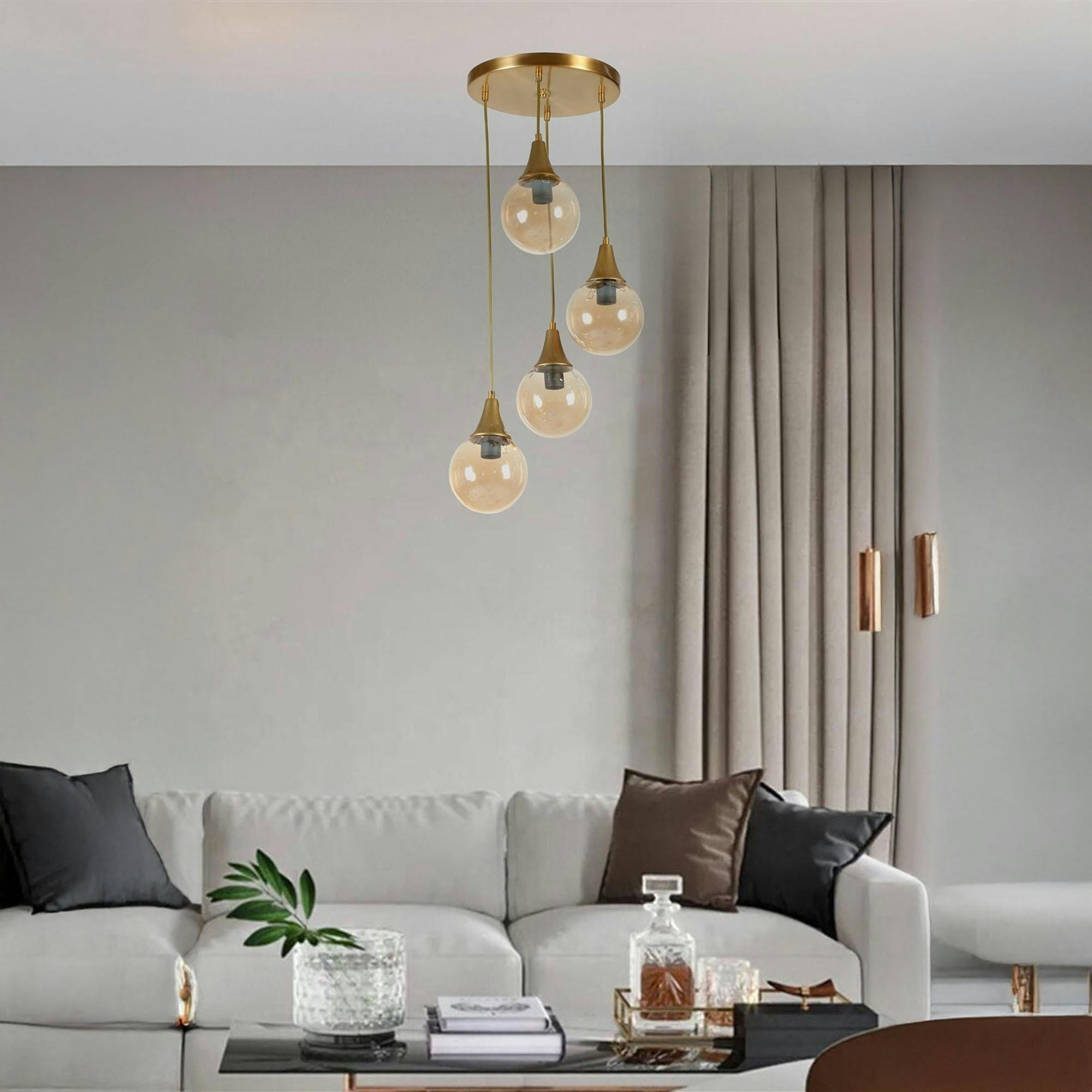 Suspension moderne dorée 4 globes verre ambré SIERRE