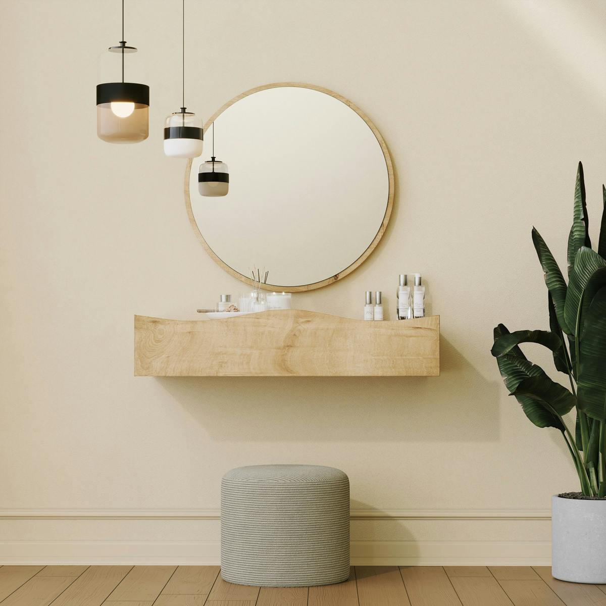 Coiffeuse murale scandinave avec miroir, 2 tiroirs MARFA