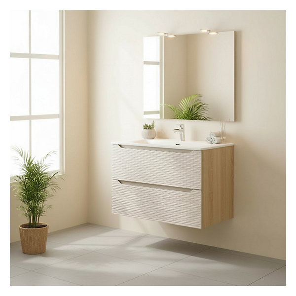 Ensemble de salle de bain YOKA beige : meuble sous vasque à tiroirs 80 cm et vasque à encastrer