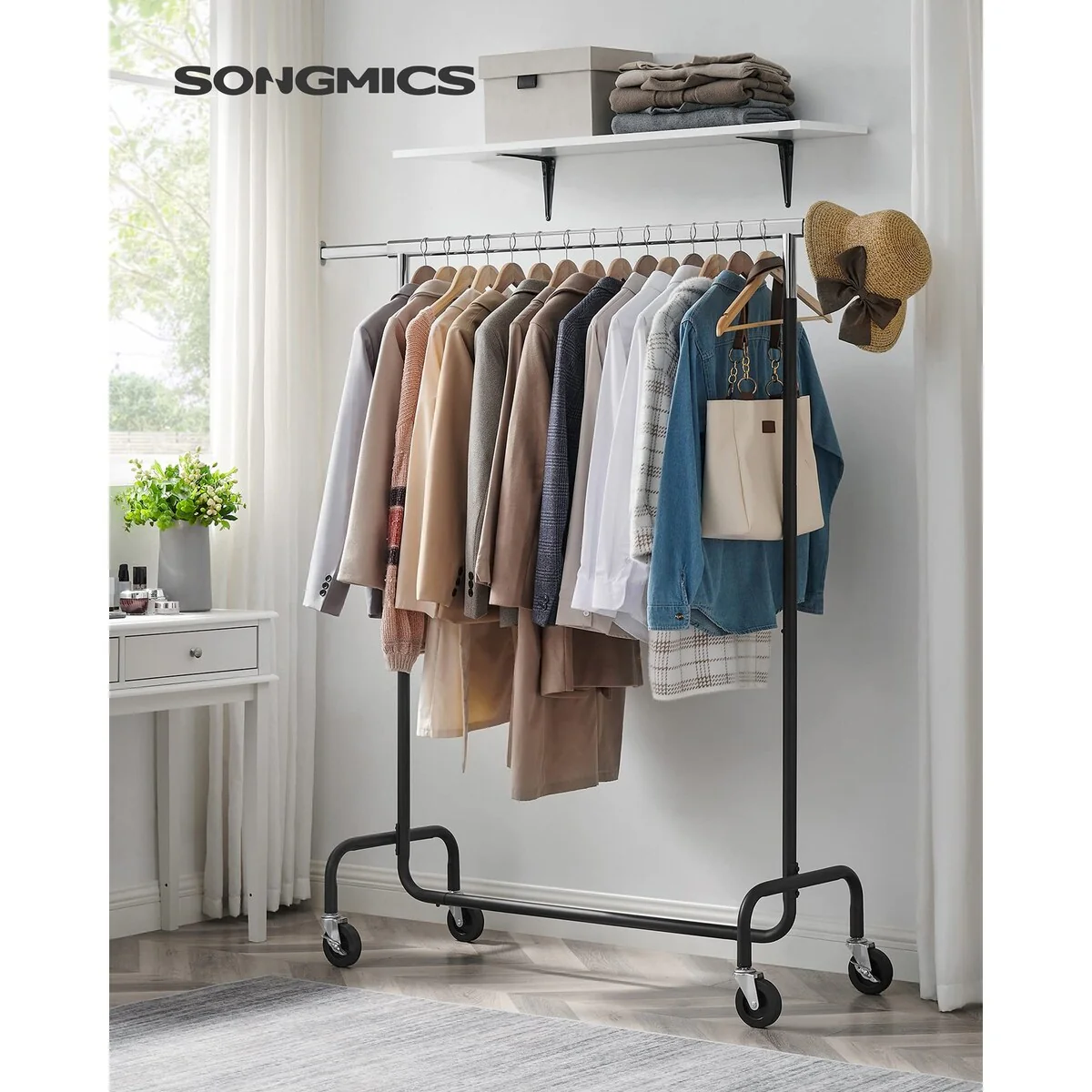 Clothes Rack with Wheels, Heavy-Duty Garment Rack with Extendable Hanging Rod, 286.6 lb Load Capacity