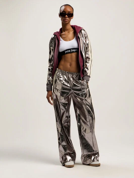Laminated Wide-Leg Track Pants