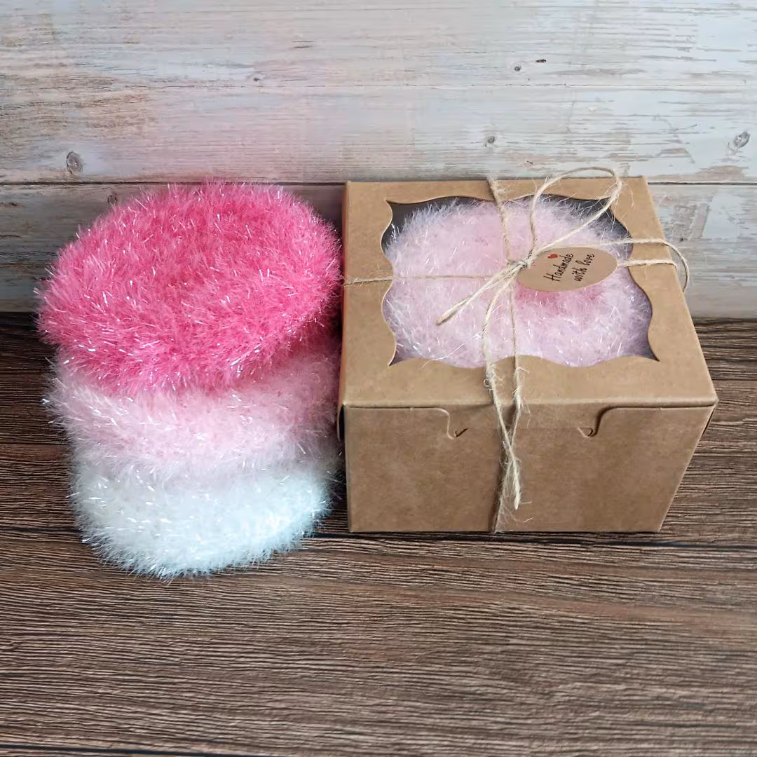 Gift Set of Korean Scrubbies - Pink Tones Sparkly Crochet Scrubbies Washing Up Pads - Pink White Colors Dish Sponges Cloths in a Gift Box