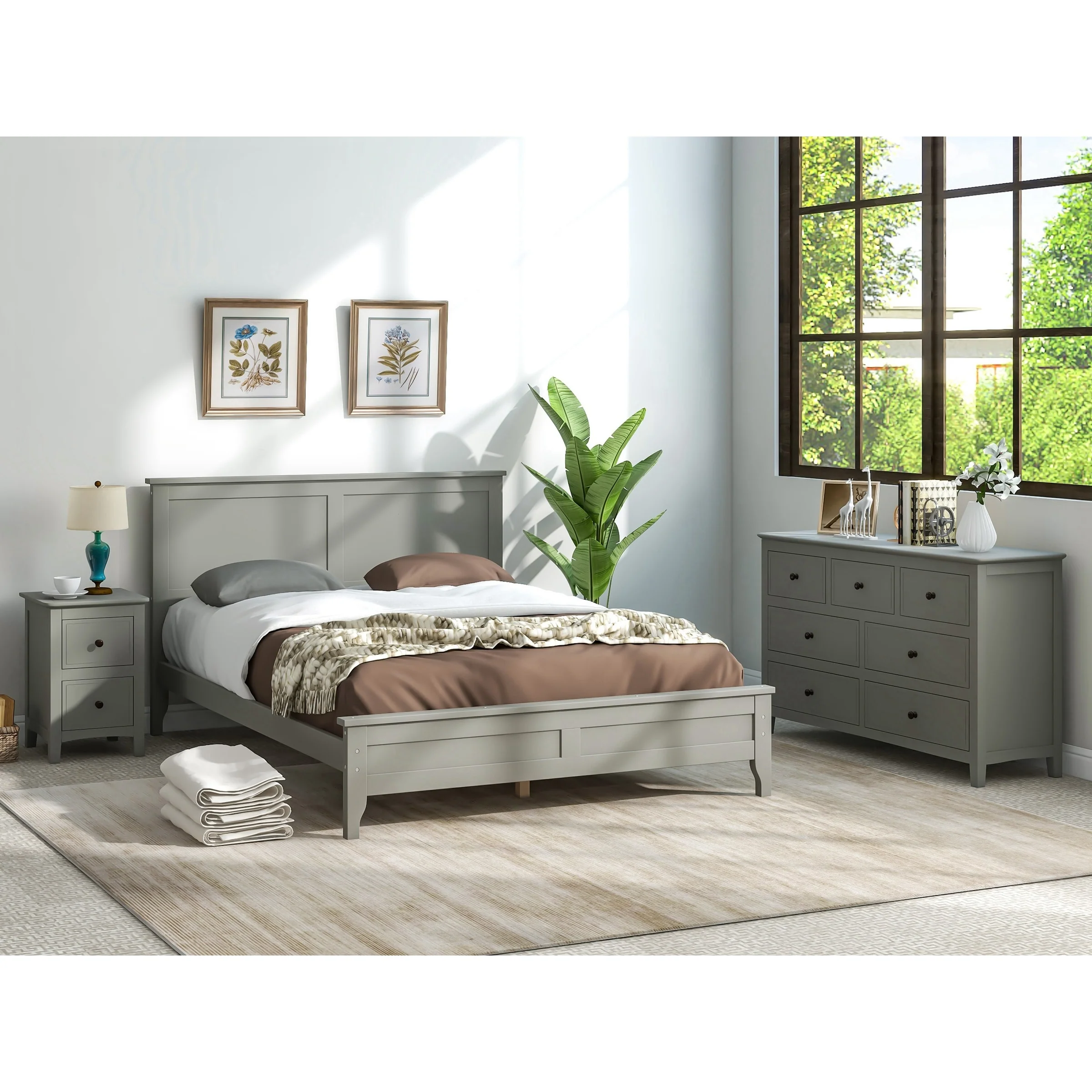 Gray Solid Wood 3 Pieces Bedroom Sets