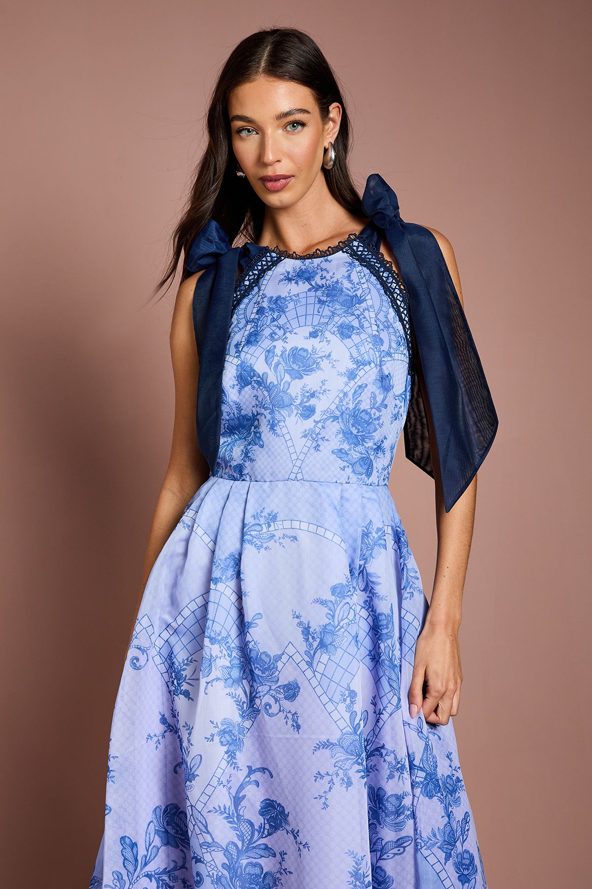 Coast Halter Neck Bow Shoulder Placement Print Organza Midi Dress