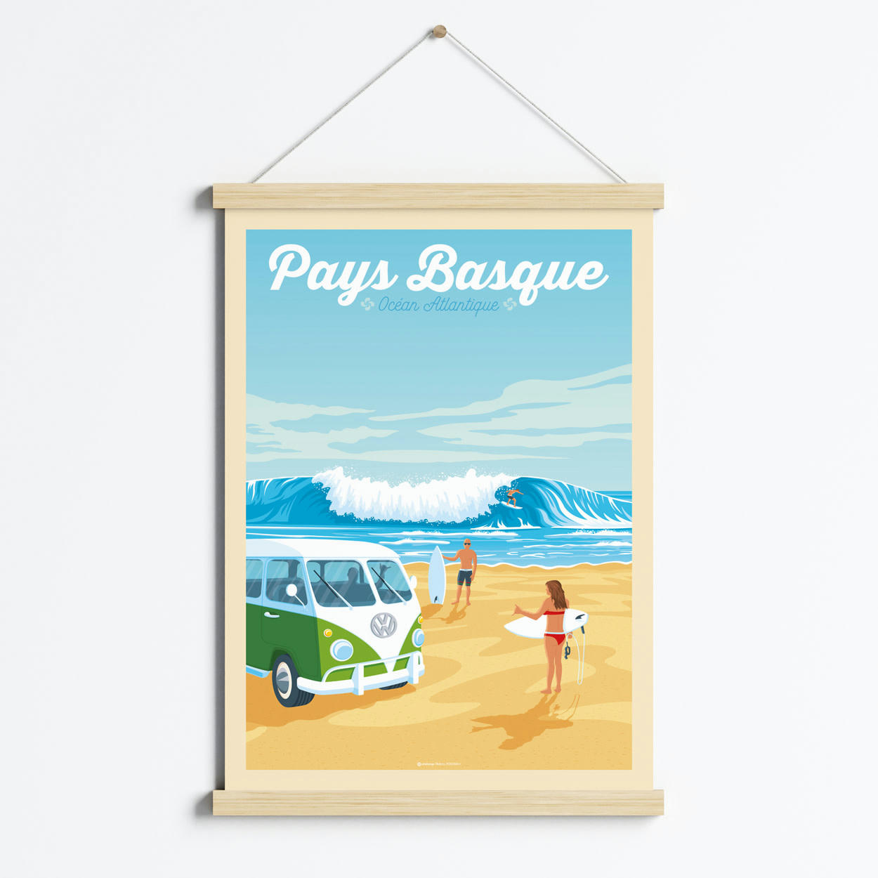 - Affiche Pays Basque - Surf + Cadre Magnétique (Bois) 50x70 cm