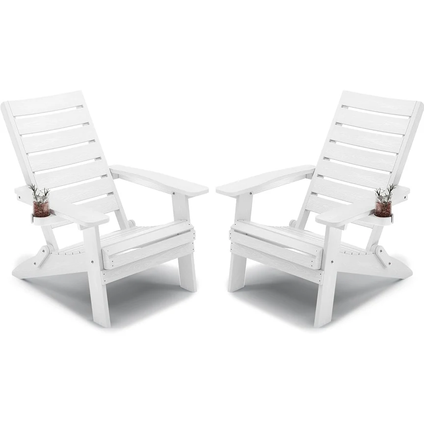 WINSOON HIPS All Weather Folding Adirondack Chairs with Arc Back & Cup Holder Set Of 2