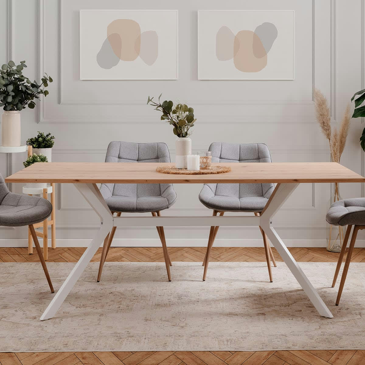 VELIA - Table à manger effet chêne clair, piètement blanc 180 cm