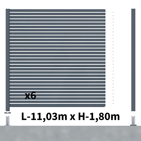 Kit Clôture Ajourée Aluminium OLINDA Anthracite 11,03x1,8m Poteaux sur Platines - Dimension des Lames : 21x45x1780 mm