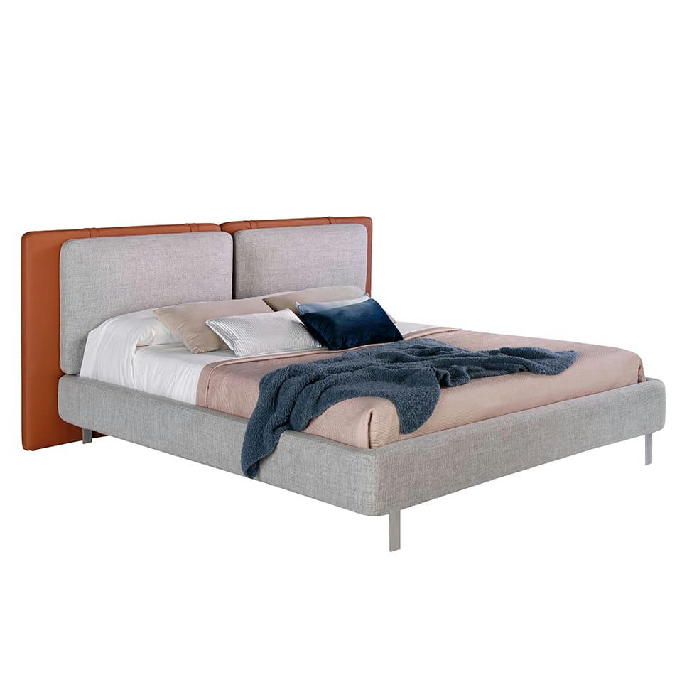 - Lit en tissu et similcuir gris et acier