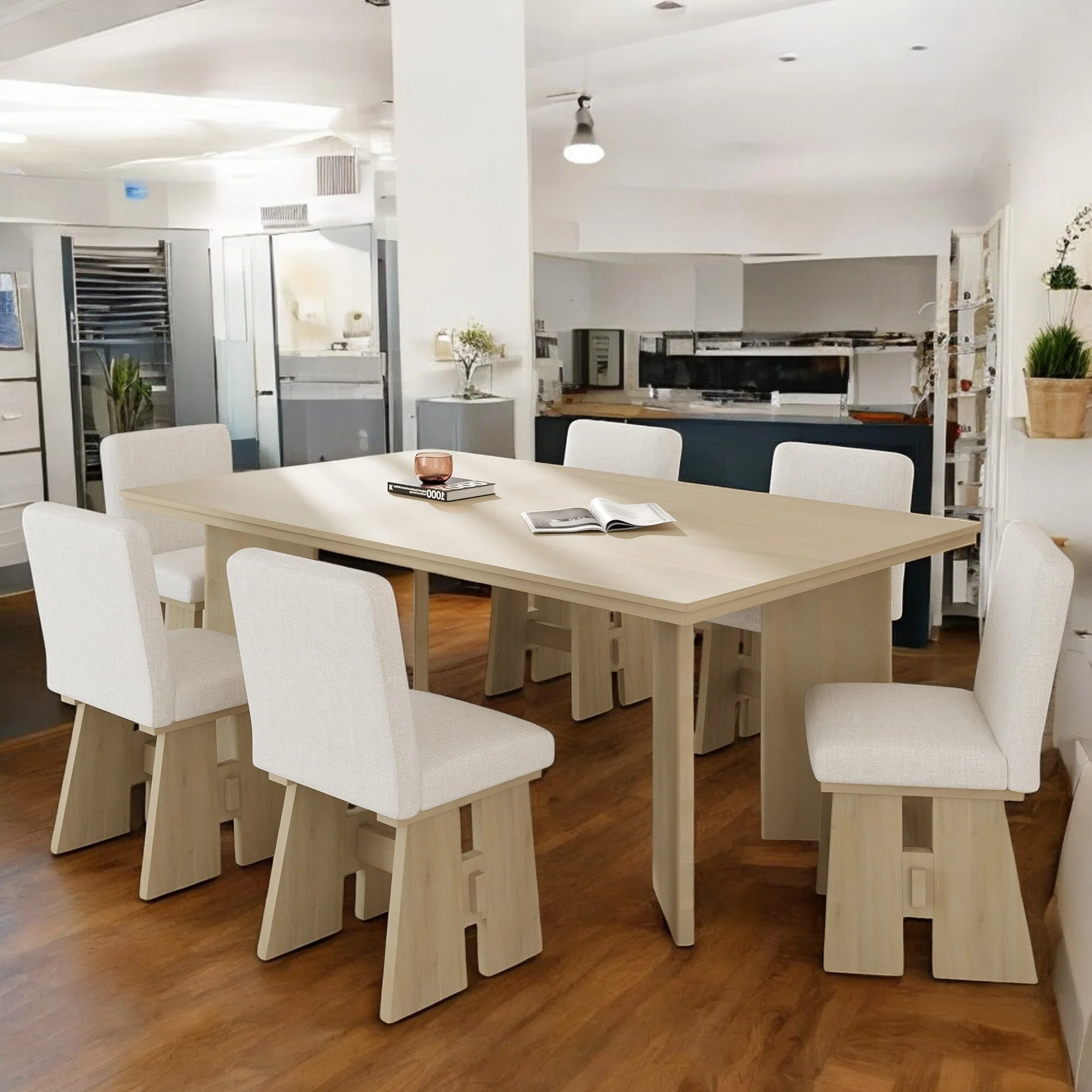 7-Piece Dining Table Set with 6 Upholstered Chairs, Solid Wood Farmhouse Design, Space-Saving, Modern Style for Dining Room