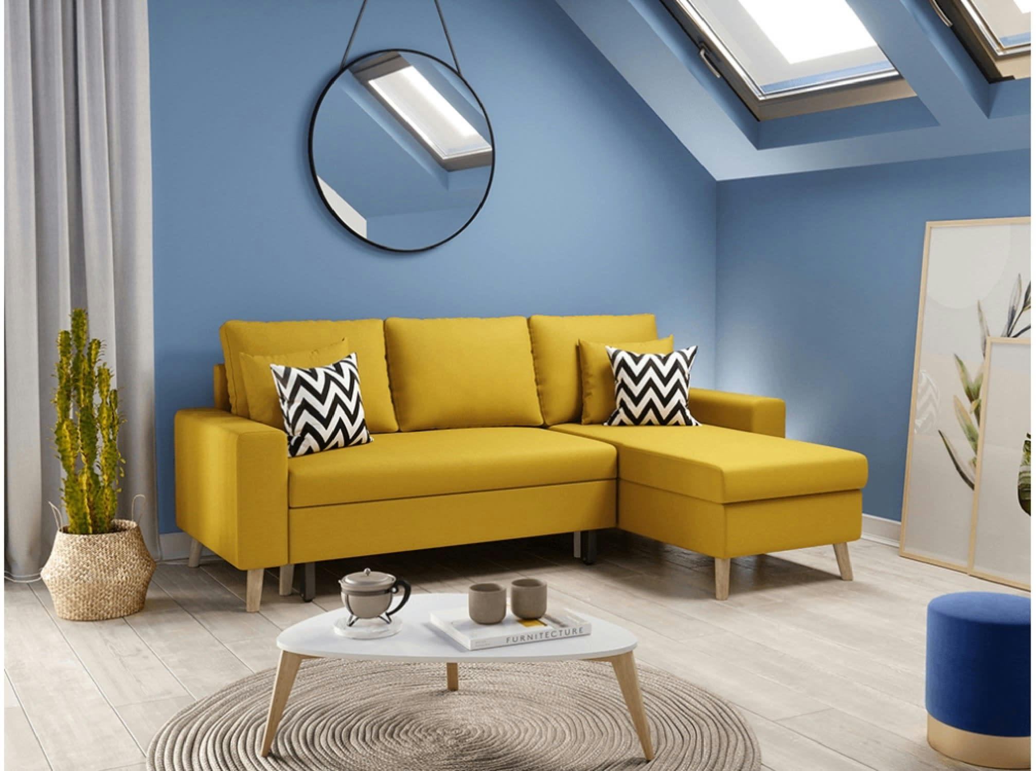 MARIA SCANDINAVE - Canapé d'angle scandinave convertible avec coffre en tissu jaune