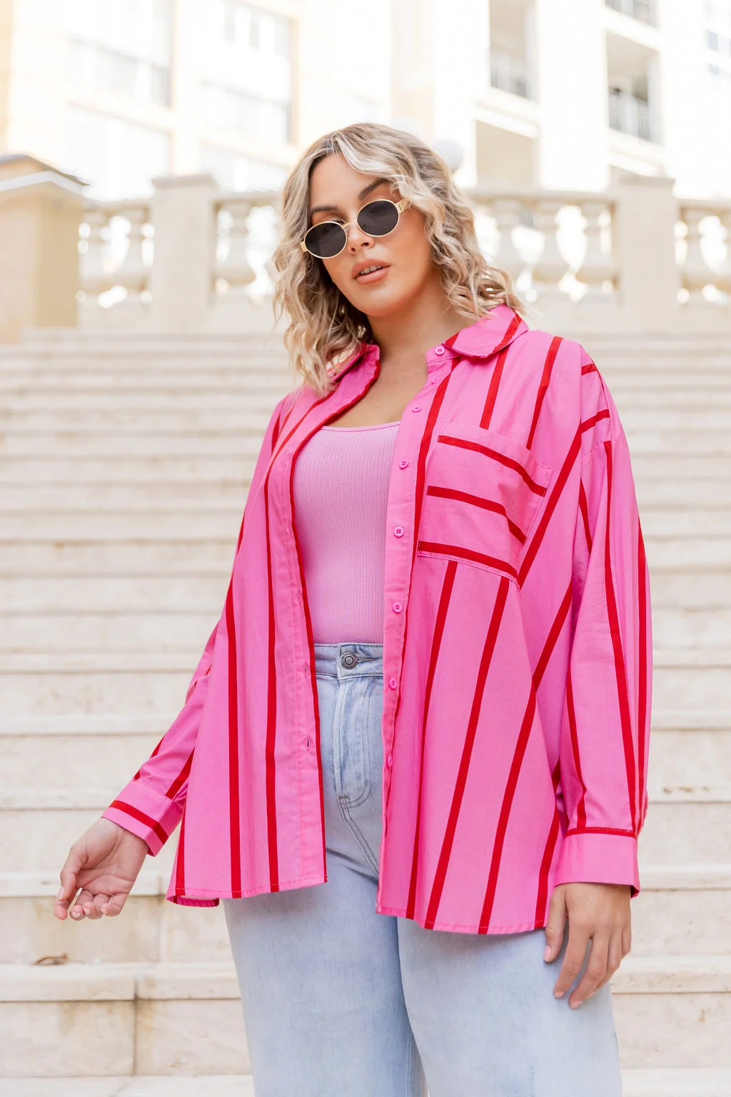 Lula Oversized Shirt in Disco Stripes Pink