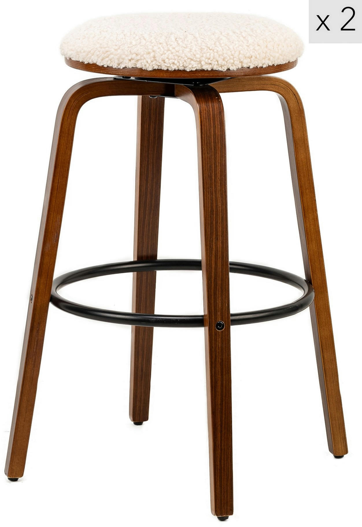 - Lot de 2 tabourets de bar en frêne et bouclettes blanches