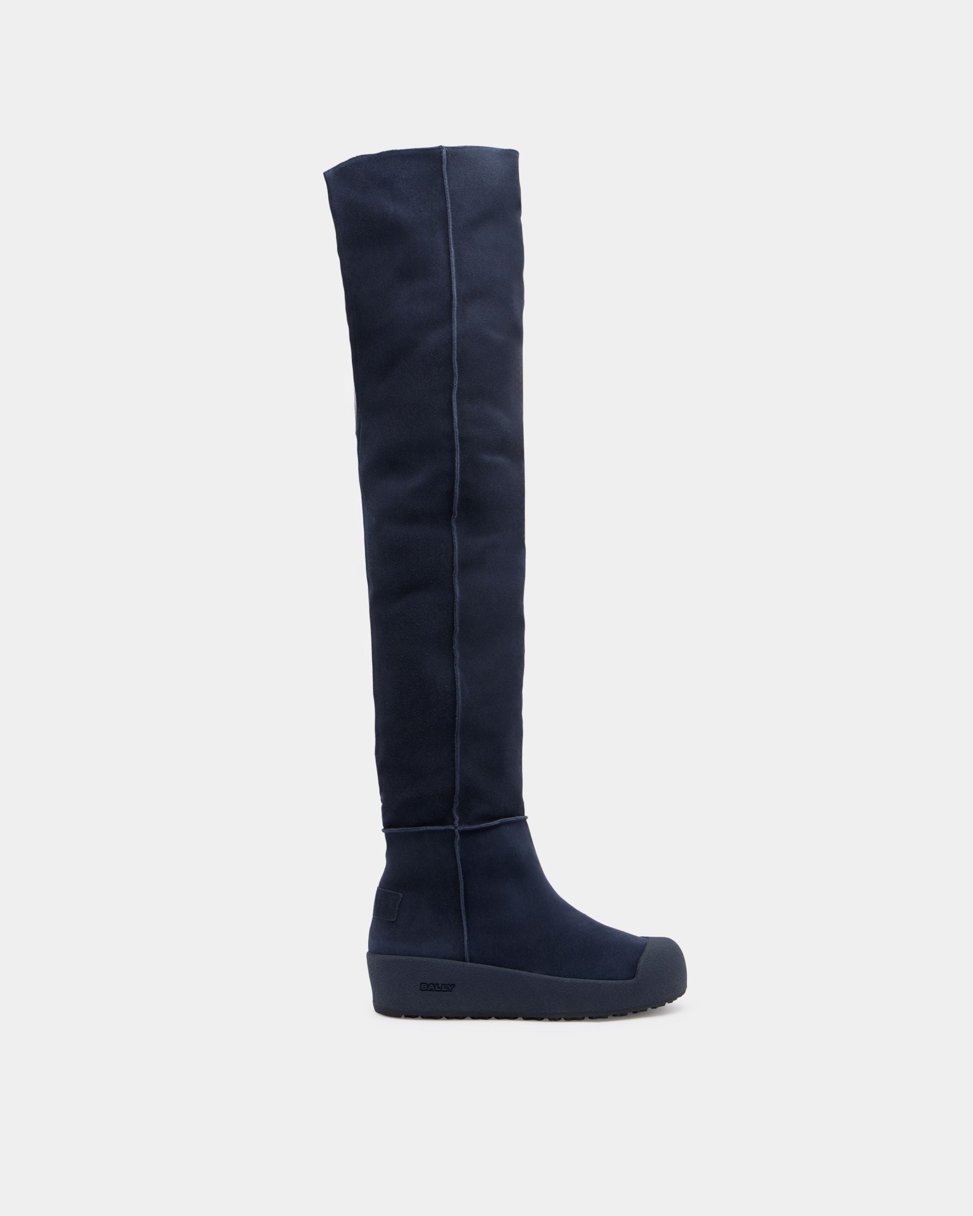 Bally Curling Overknee-Stiefel Aus Veloursleder In Navy Blue