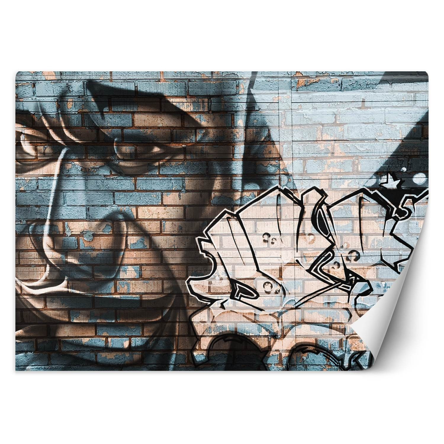 Feeby Fototapeta, Niebieska twarz mężczyzny mural na cegle 150x105