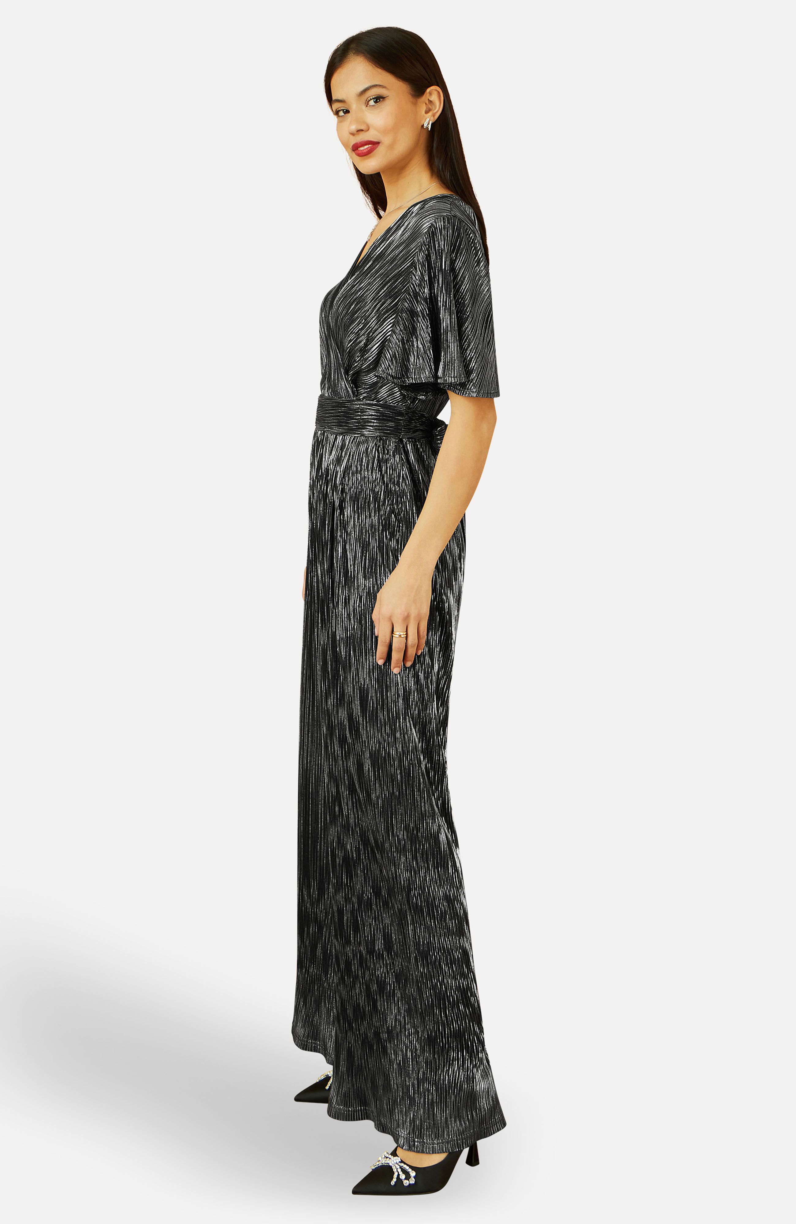 Yumi Black Metallic Pleated Jumpsuit With V Neck