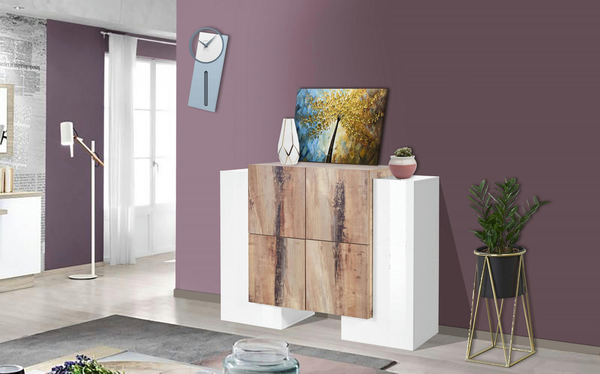 JASON - Buffet avec 6 portes effet bois en blanc brillant et érable