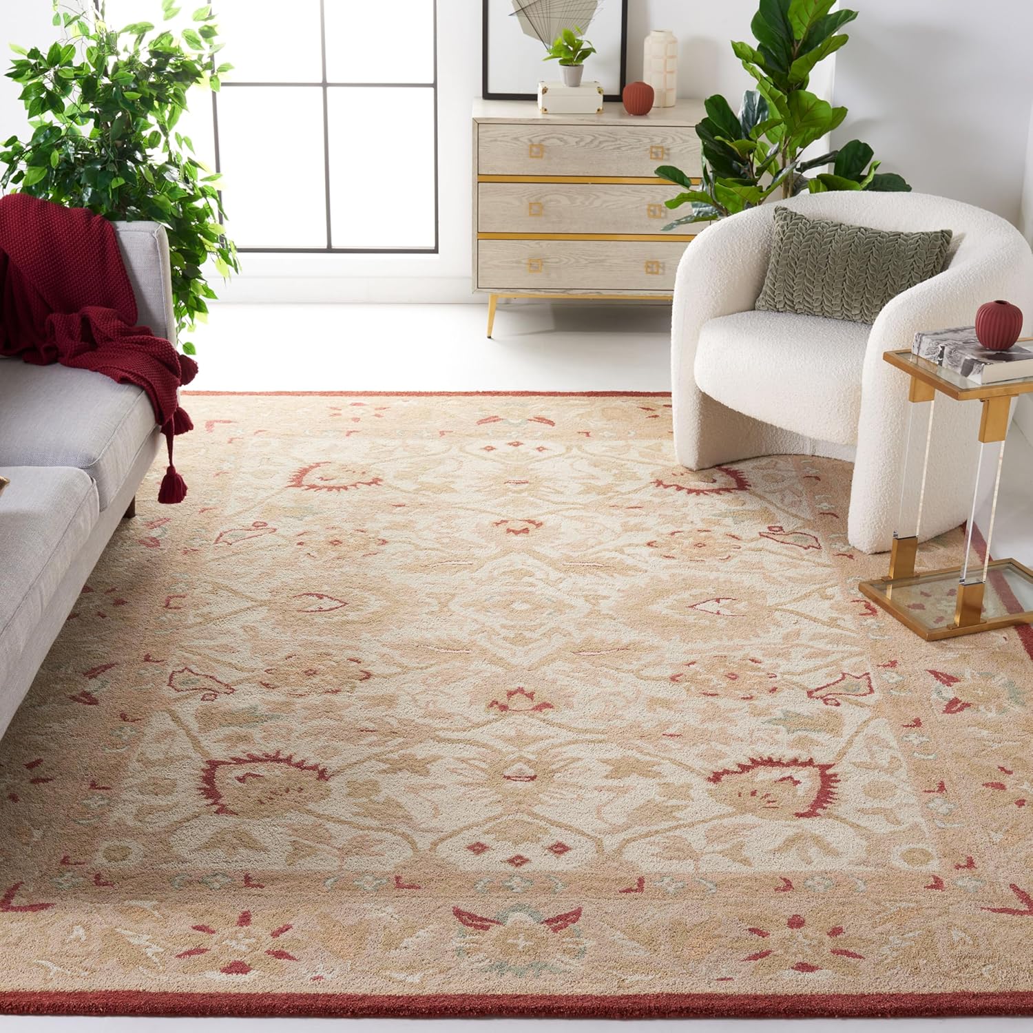 SAFAVIEH Anatolia Collection Area Rug - 8' x 10', Beige & Rust, Handmade Traditional Oriental Wool, Ideal for High Traffic Areas in Living Room, Bedroom (AN512E)