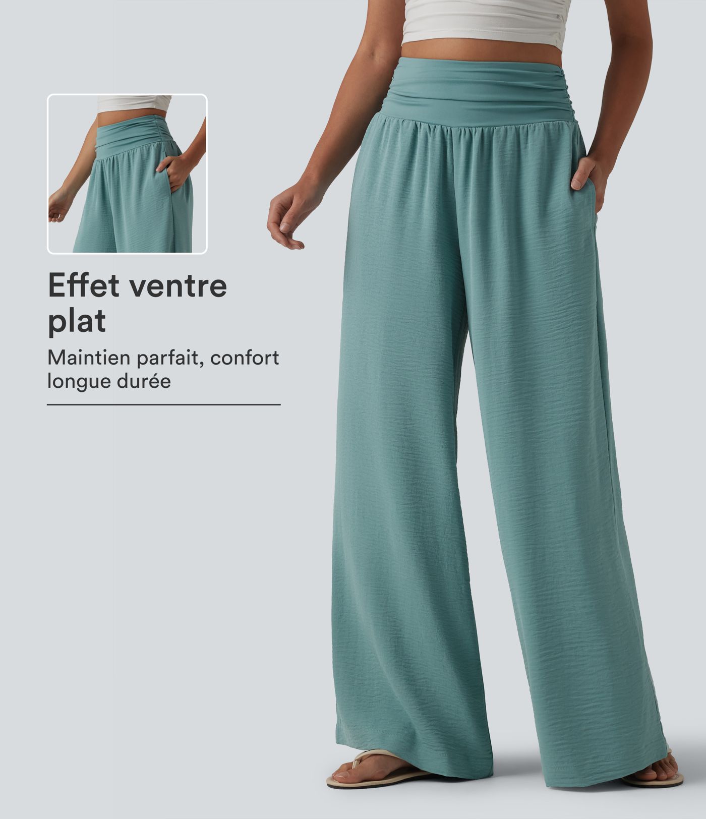 Pantalon ample taille haute ventre plat aspect lin avec fronces et poches