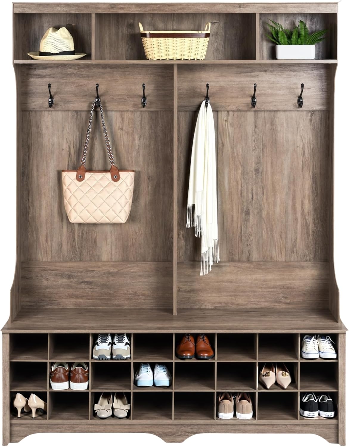 Prepac Gray Hall Tree, Shoe Cabinet, Storage Cabinet with 24 Shoe Cubbies and 6 Double Coat Hooks 15.5 D x 60 W x 77 H