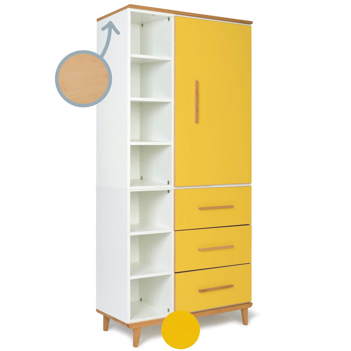 NADO - Armoire 198cm 1 porte 3 tiroirs jaune soleil