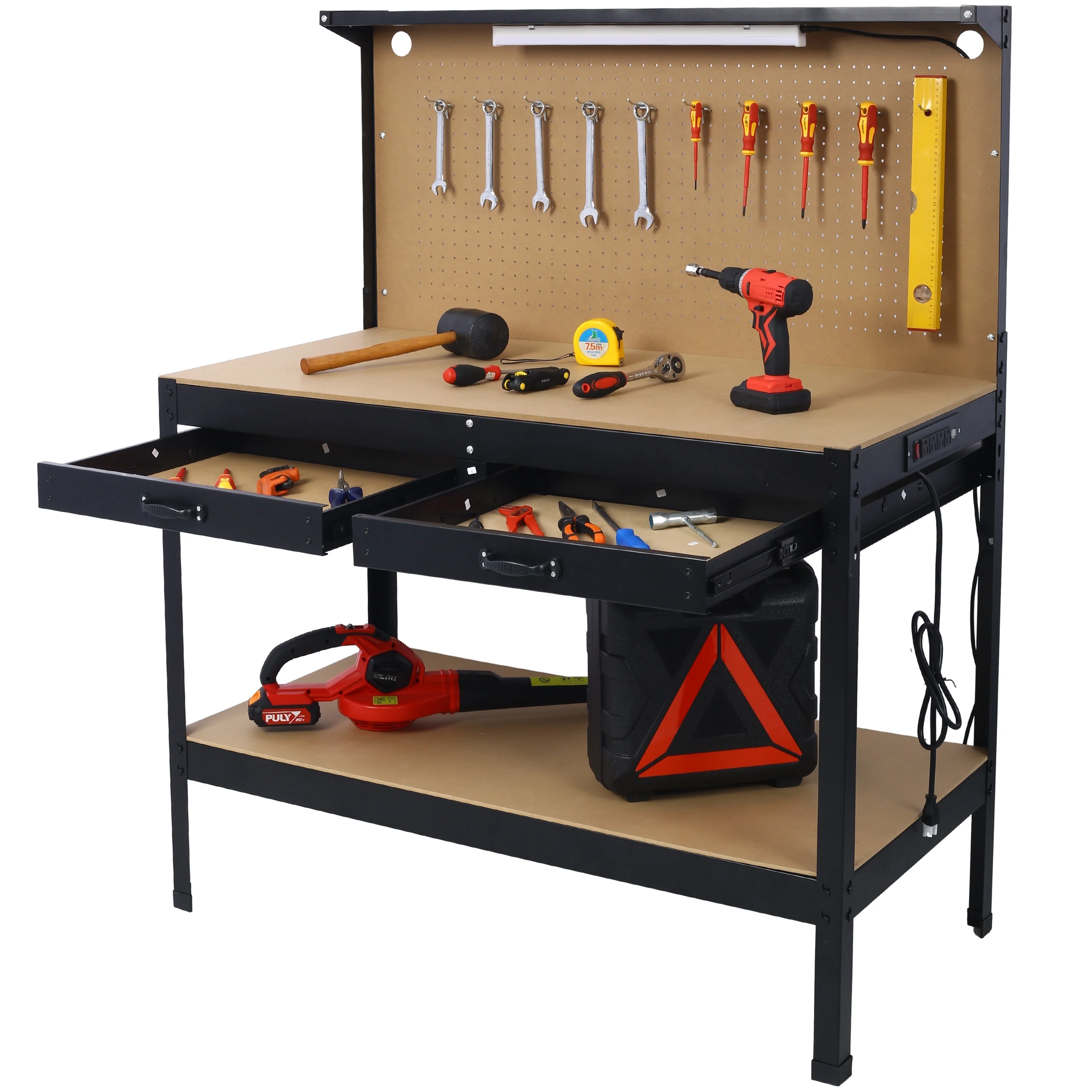Steel Workbench Work Bench Workshop Tools Table w/Drawer & Peg Board,4 AC outlets & 2 USB Ports - 47.5W