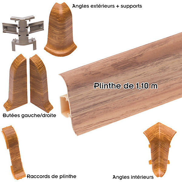 Lot de 20 Plinthes goulotte passe-câble PVC 59 mm - 1,10 m avec angles, raccords et butées Vieux noyer