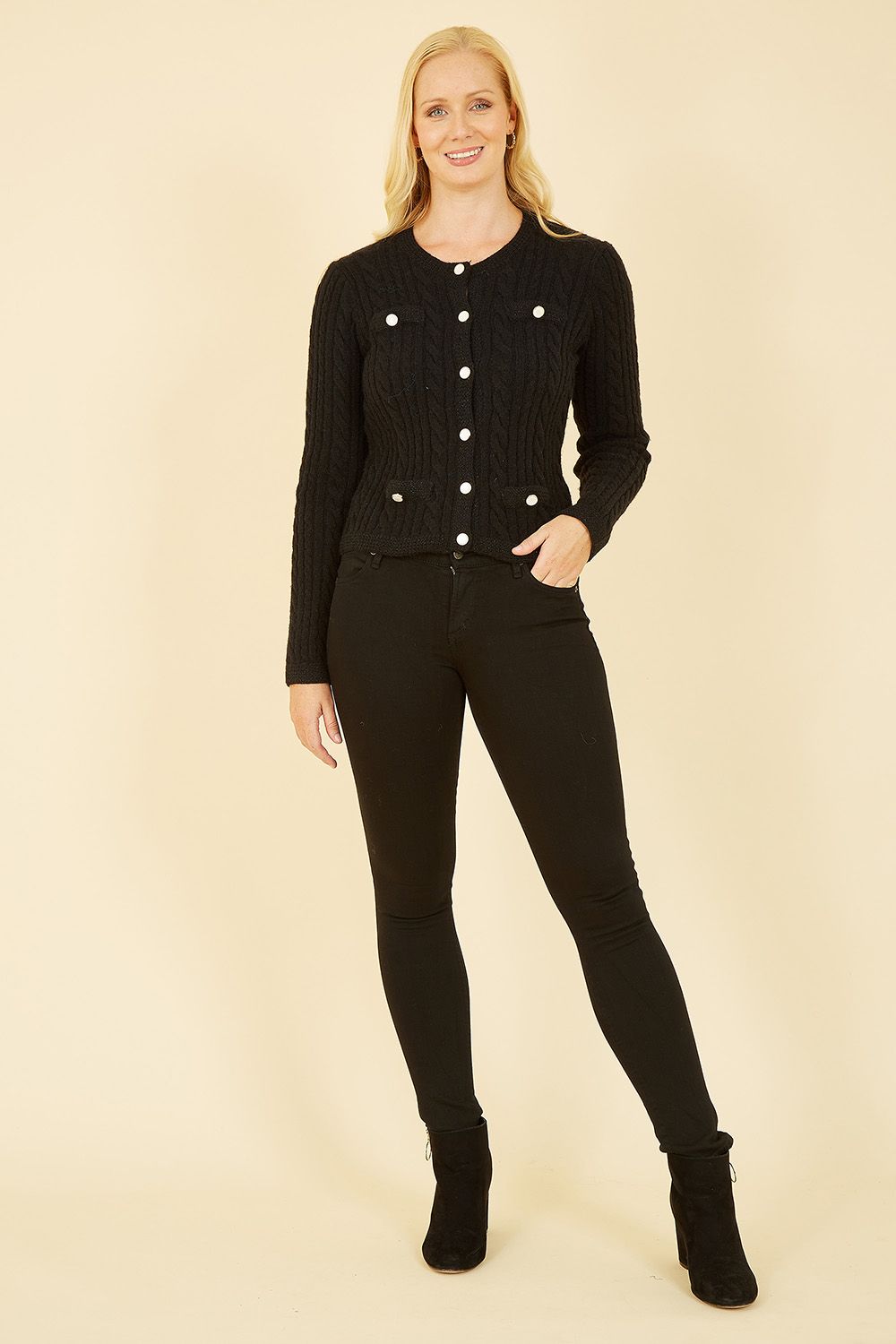 Yumi Black Cable Knit Cropped Button Up Cardigan