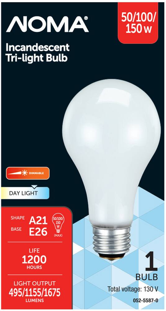 NOMA A21 E26 Base 3-Way Trilight Dimmable Incandescent Light Bulb, Daylight, 50/100/150W