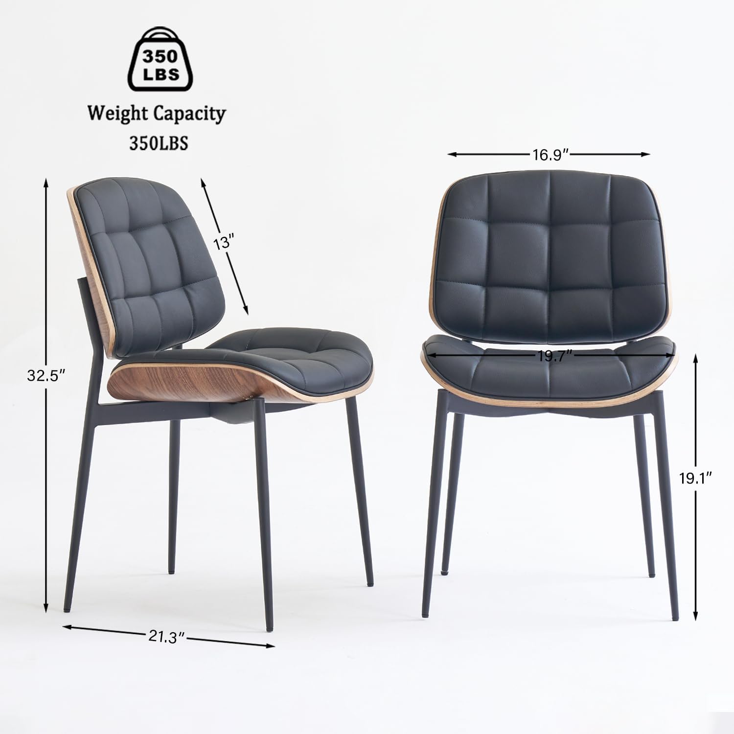 GrandNoor Mid Century Modern Dining Chairs with Walnut Grain Back, Black Faux Leather Dining Room Chairs Set of 4, Checkered Soft Cushion Kitchen Chairs with Adjustable Foot Pads