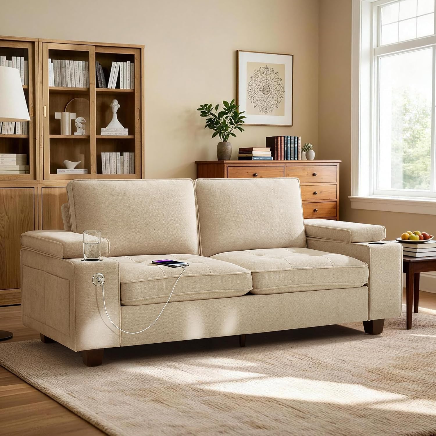 84 Loveseat Sofa for Living Room with USB & Type-C Ports, Modern Chenille Love Seat Couch, Adjustable Storage Armrest, Cup Holders, Solid Wood Frame Deep Seat for Small Spaces (Beige, 84in)