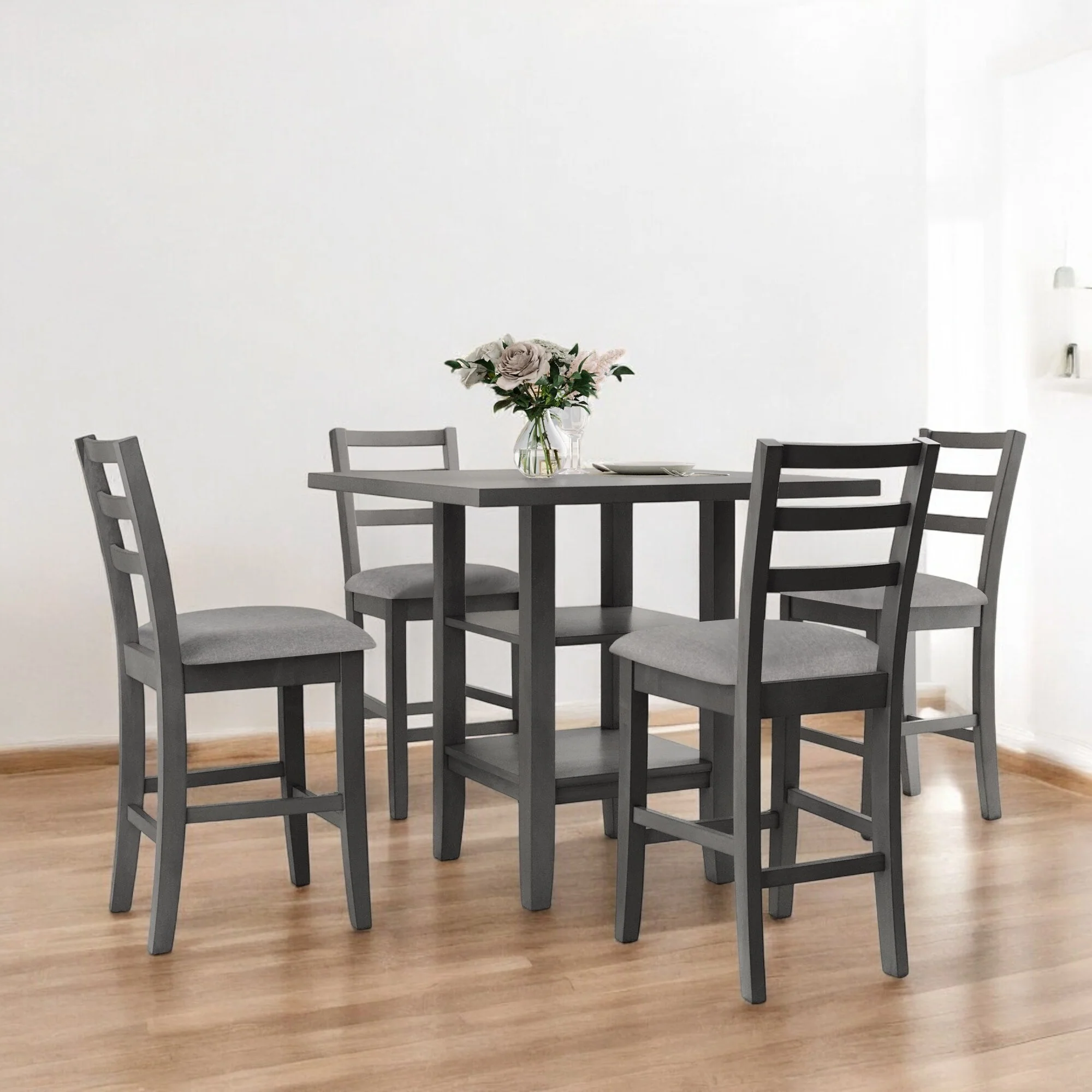 5-Piece Wooden Counter Height Dining table Set with Padded Chairs & Storage Shelf for Dining Room and Kitchen