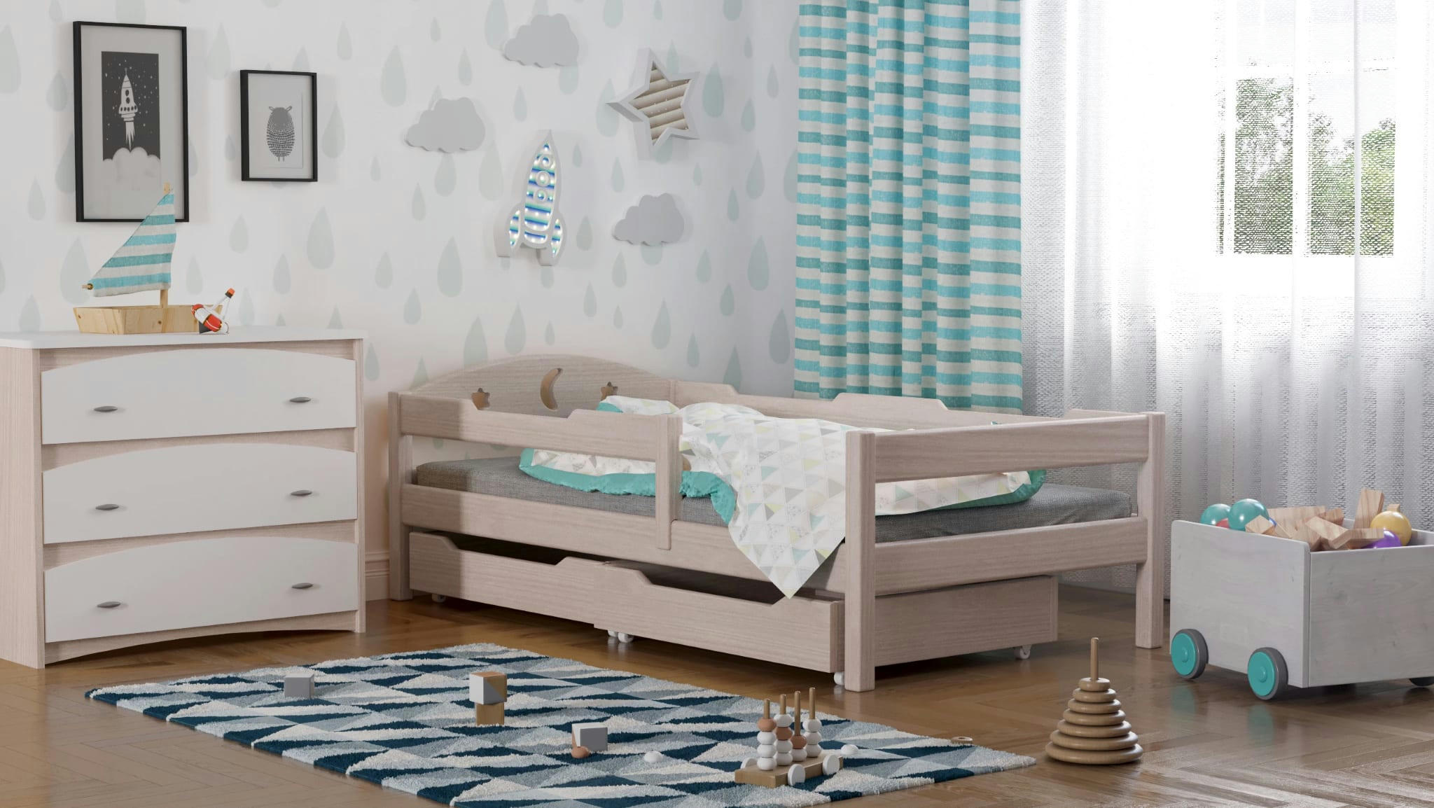 - Lit simple en pin massif 180x80 chêne blanchi