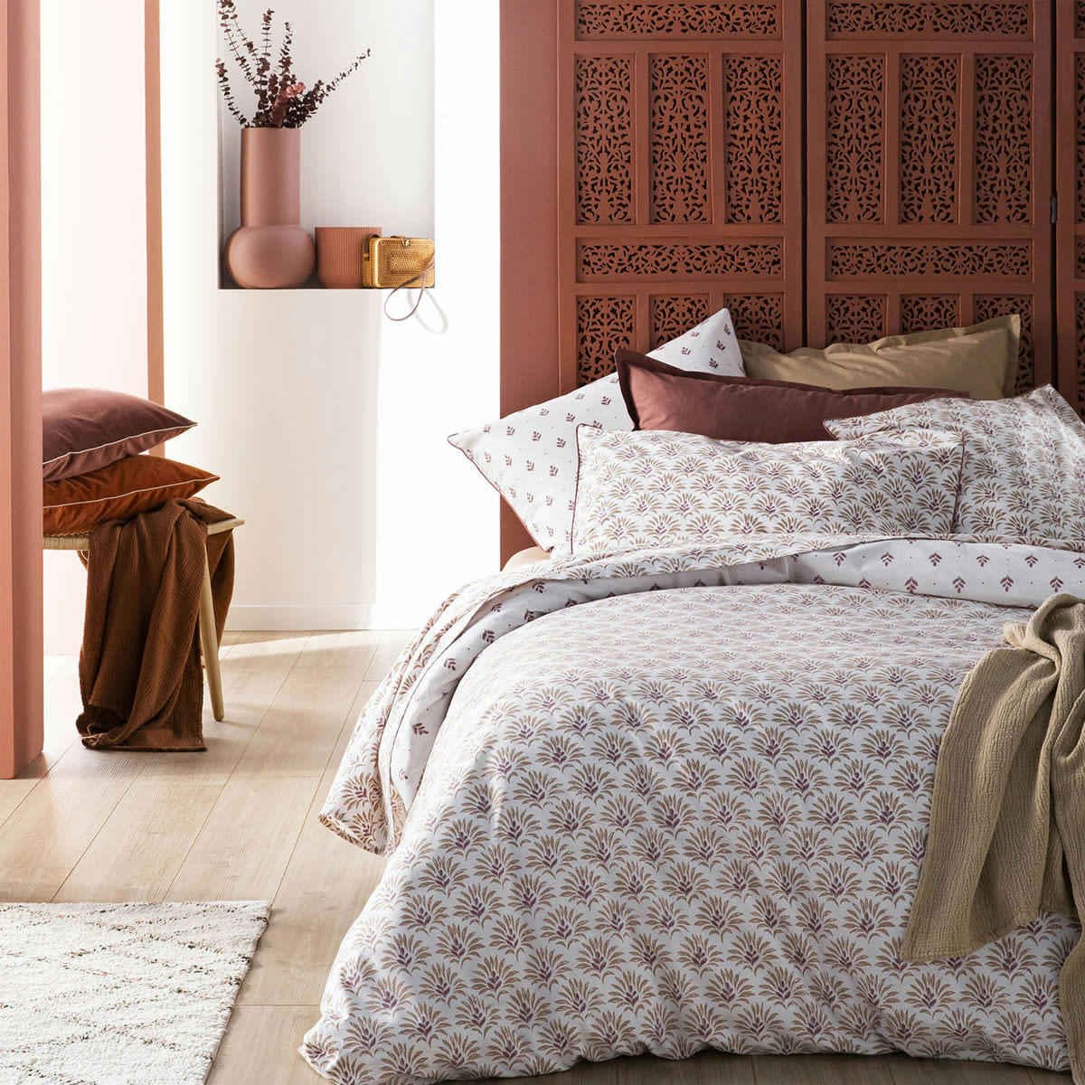 PALAIS DES VENTS - Housse de couette en percale de coton rose et beige 200x200
