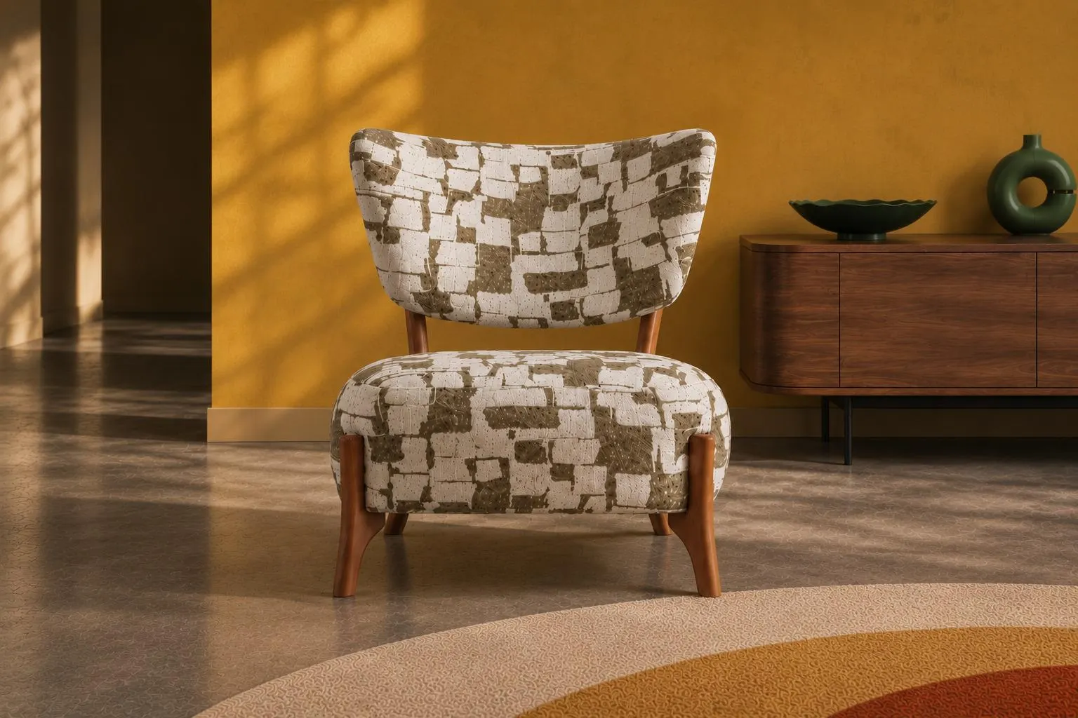 Mid Century Modern Accent Chair Retro Patterned Boucle Lounge Chair Cozy Upholstered Armchair for Living Room