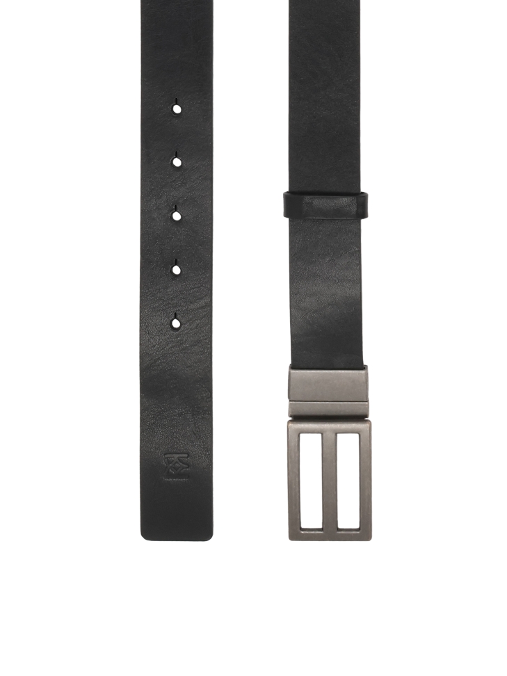 Black leather belt with silver buckle