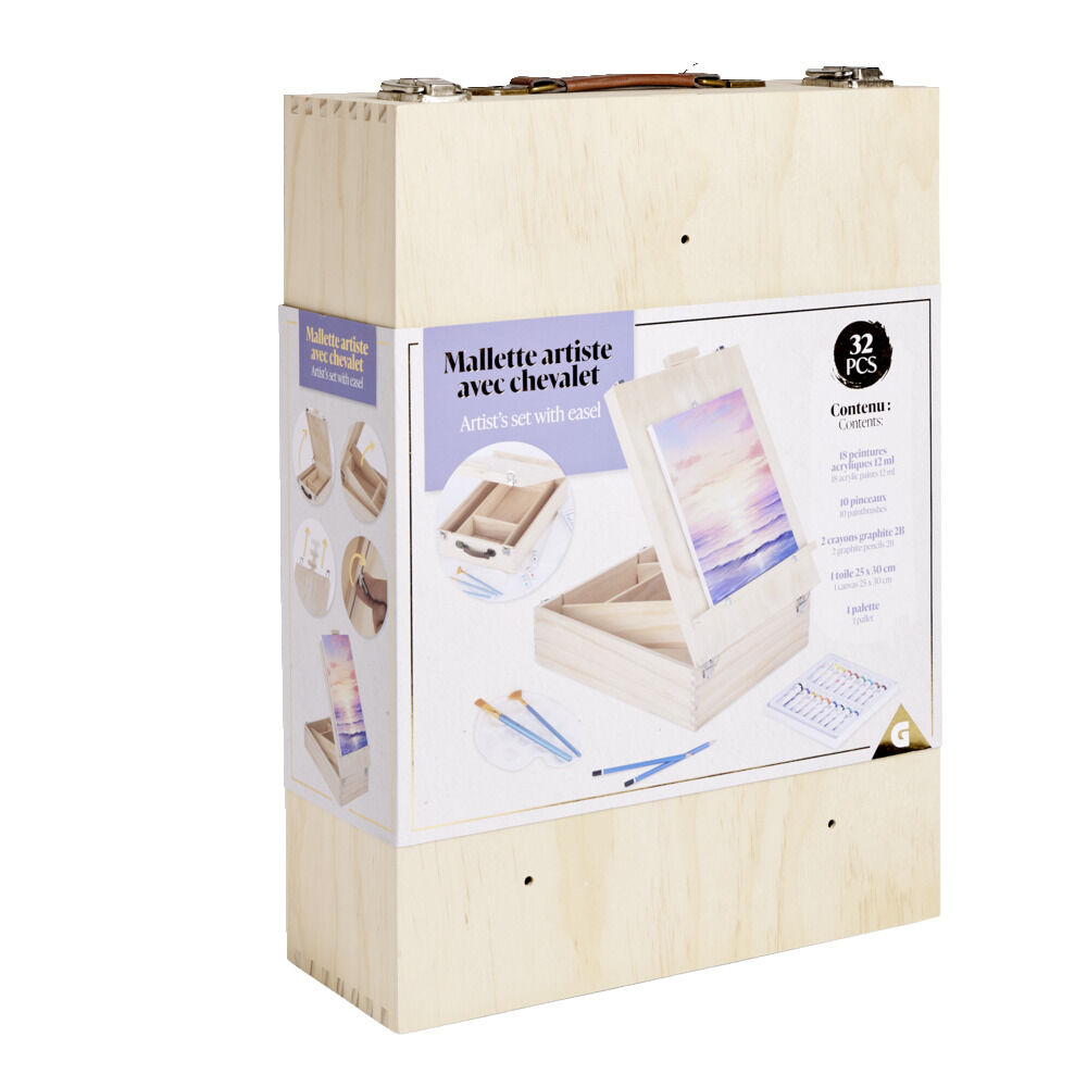 Mallette artiste chevalet en bois avec accessoires peinture