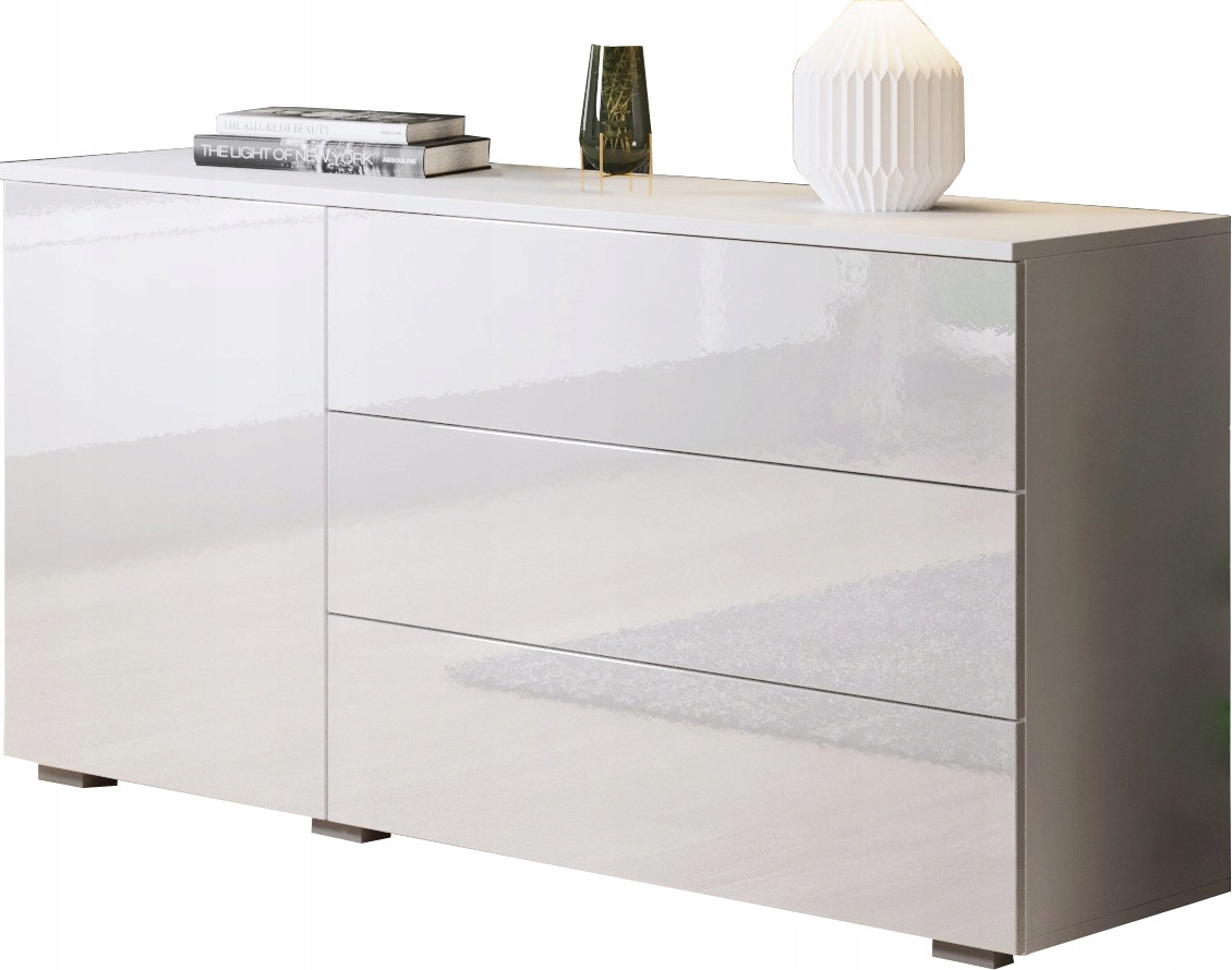 Komoda 110 cm do salonu/sypialni z 3 szufladami i szafką, biały mat/połysk