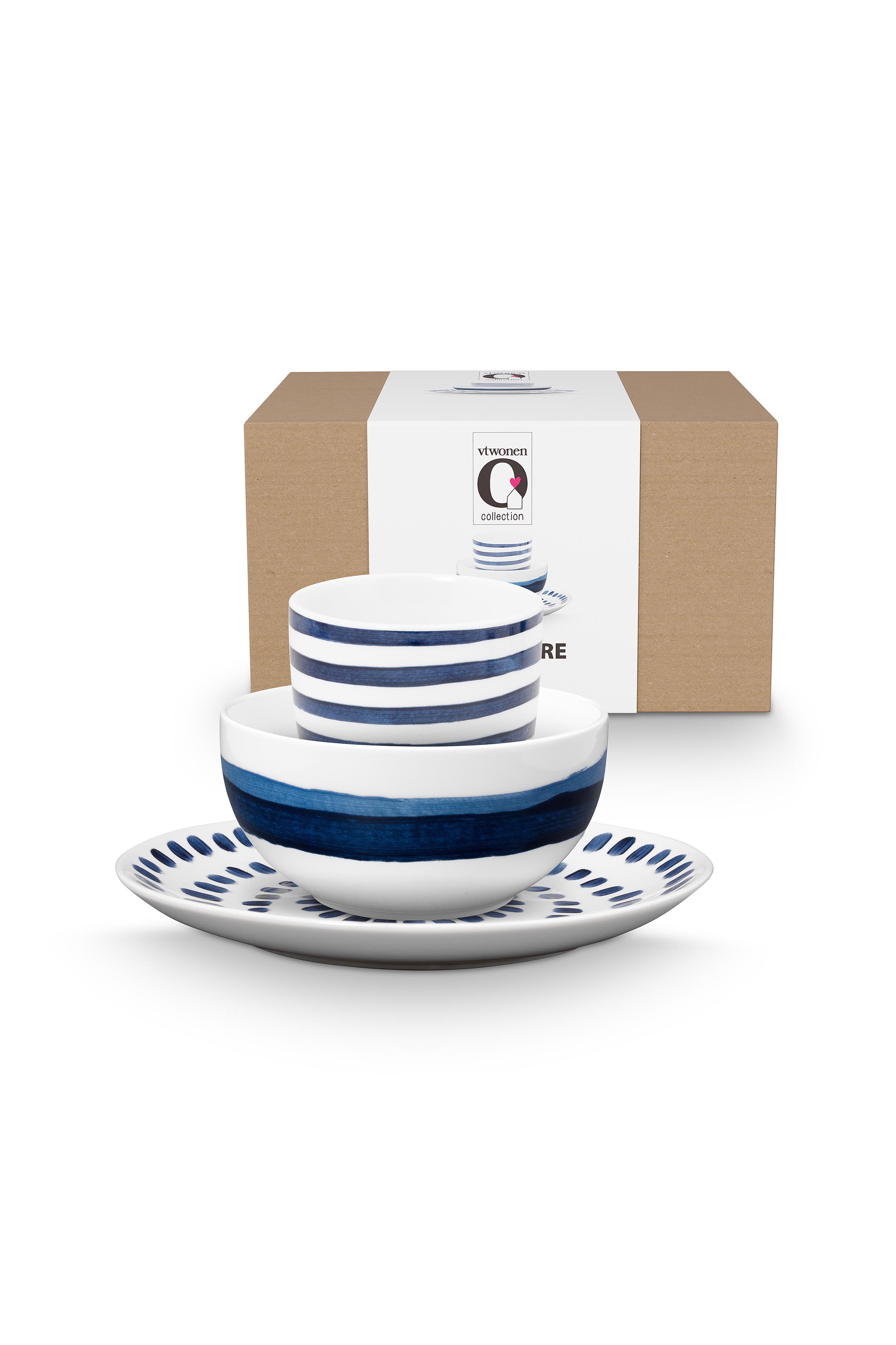 vtwonen - Painted Ontbijtset - Blauw, Wit - Porselein - Set van 3