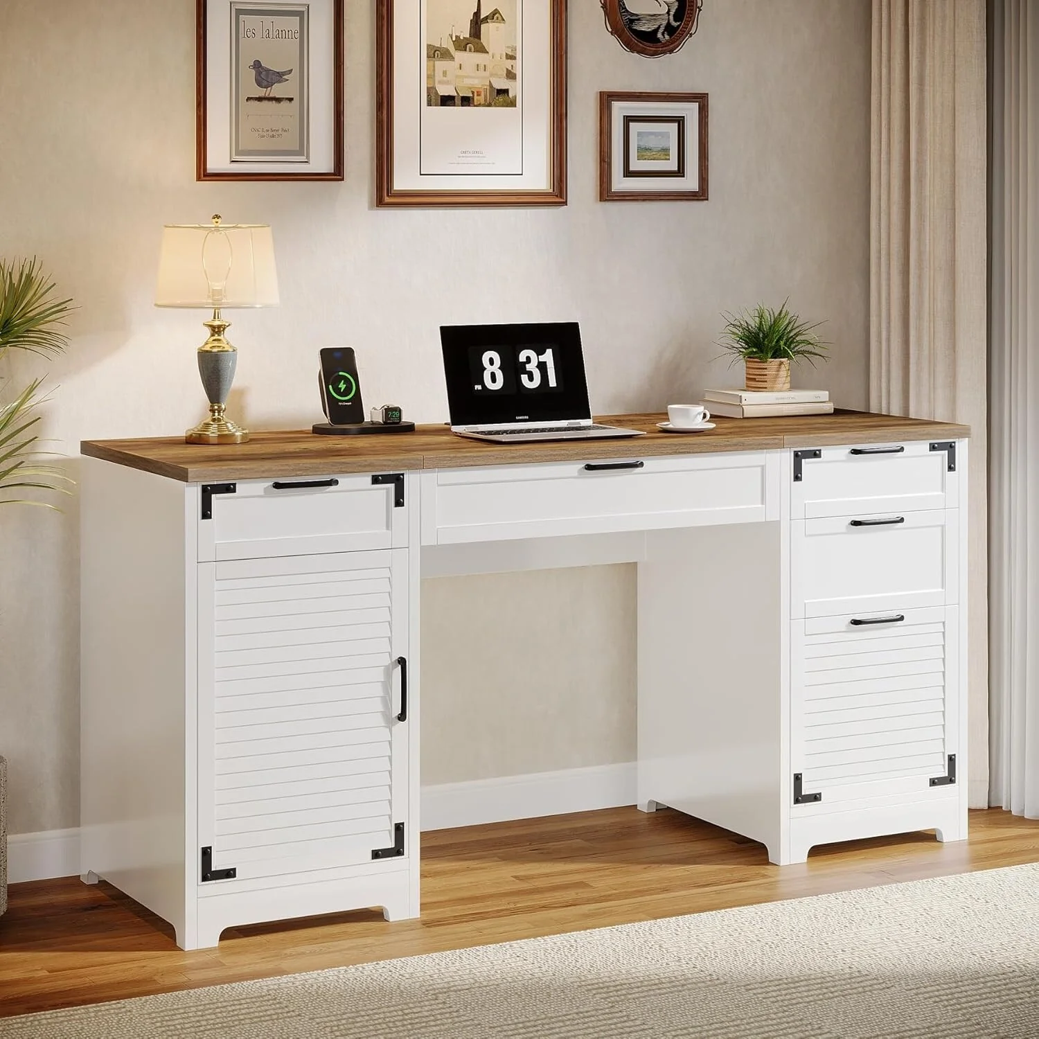 59-Inch Farmhouse Computer Office Desk with Drawer Cabinet and Charging Station