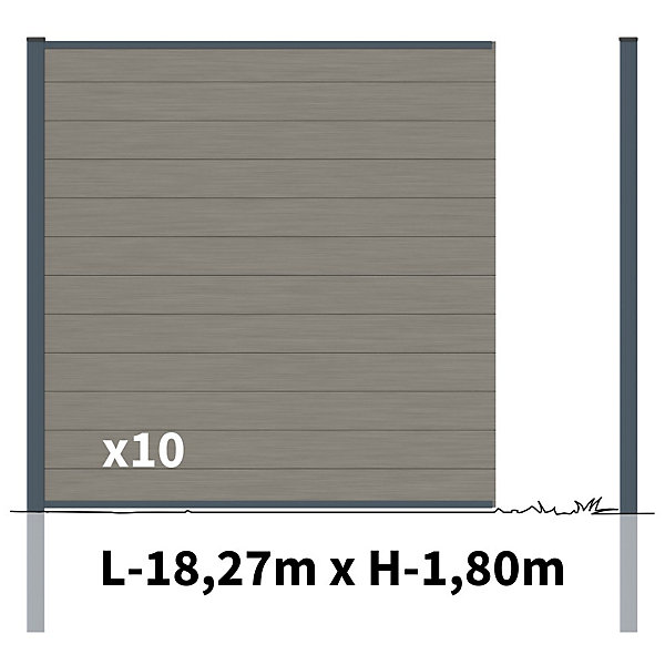 Kit Clôture Bois Composite Platine 18x1,8m RIO - Poteaux en Aluminium Gris - Brise Vue - Palissade