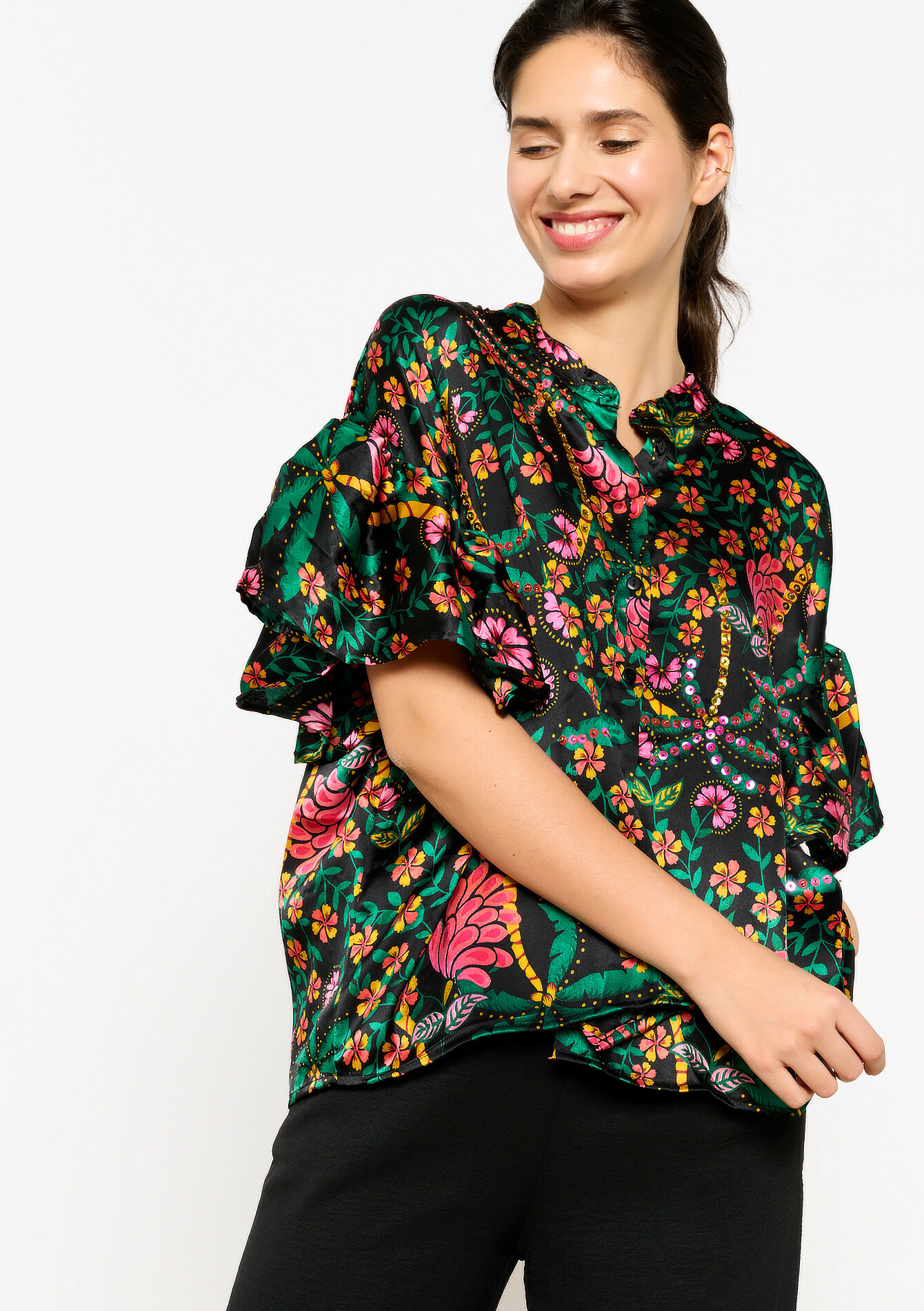 Blouse met tropische print en pailletten