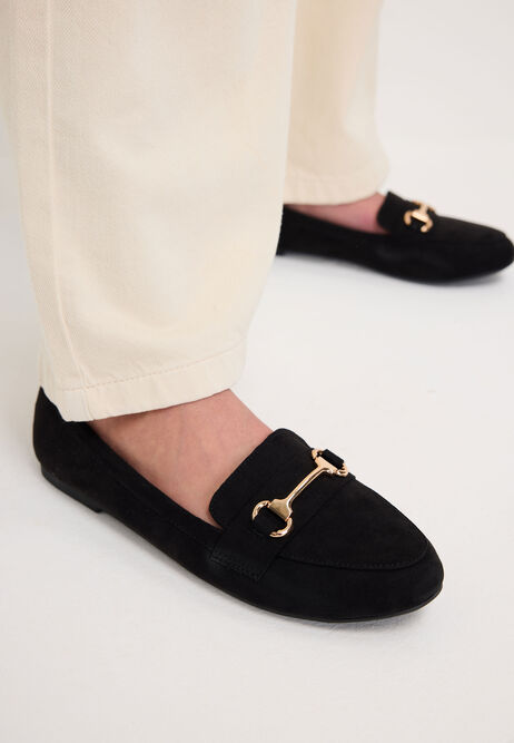 Womens Black & Gold Bar Flat Loafer