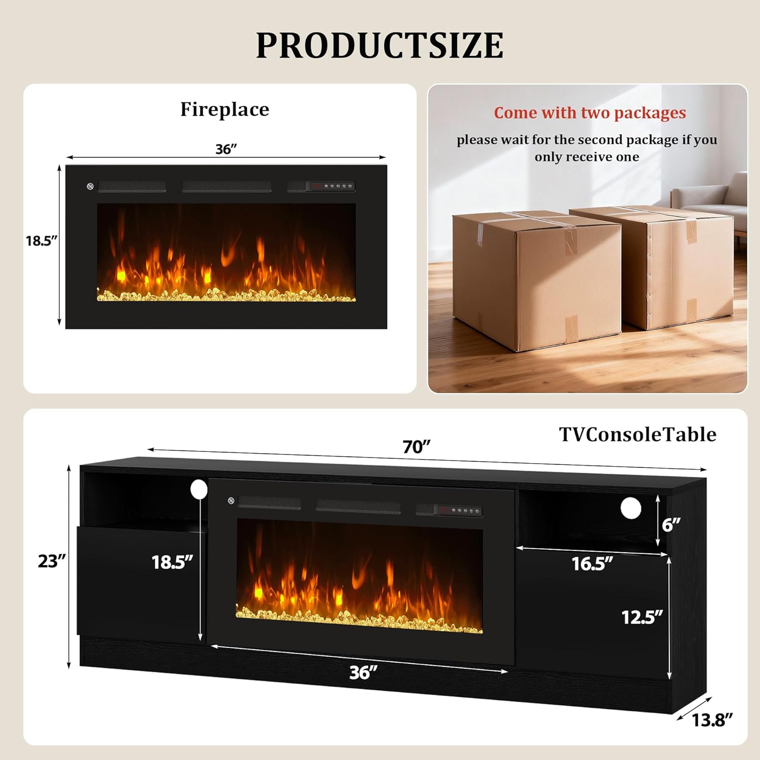 70 Fireplace TV Stand for TVs Up to 80,Entertainment Center with 36” Electric Fireplace and 12 Colors LED Lights,Large TV Console with Storage Cabinet for Living Room,All Black