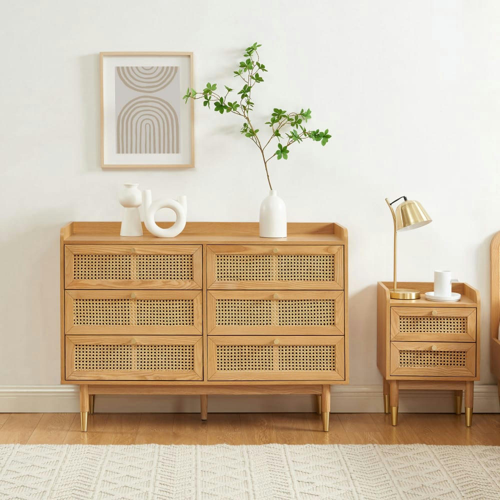 BOMBONG - Commode 6 tiroirs en bois et cannage L120cm bois clair