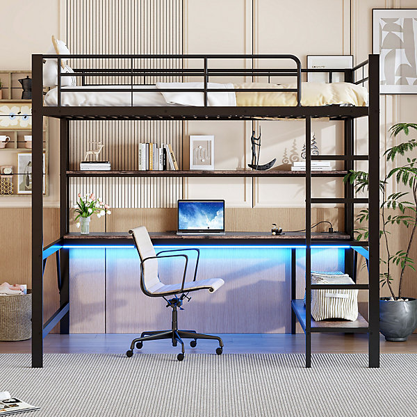 Lit superposé 140x200 cm avec bureau intégré et étagères, éclairage LED multicolore, structure métal noir