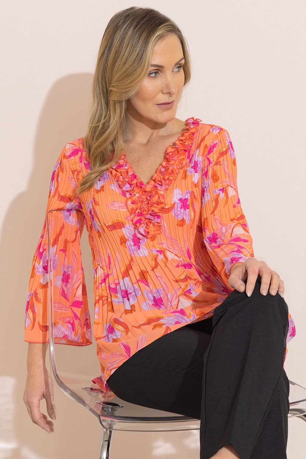 Klass. Floral Print Pleated Ruffle Top