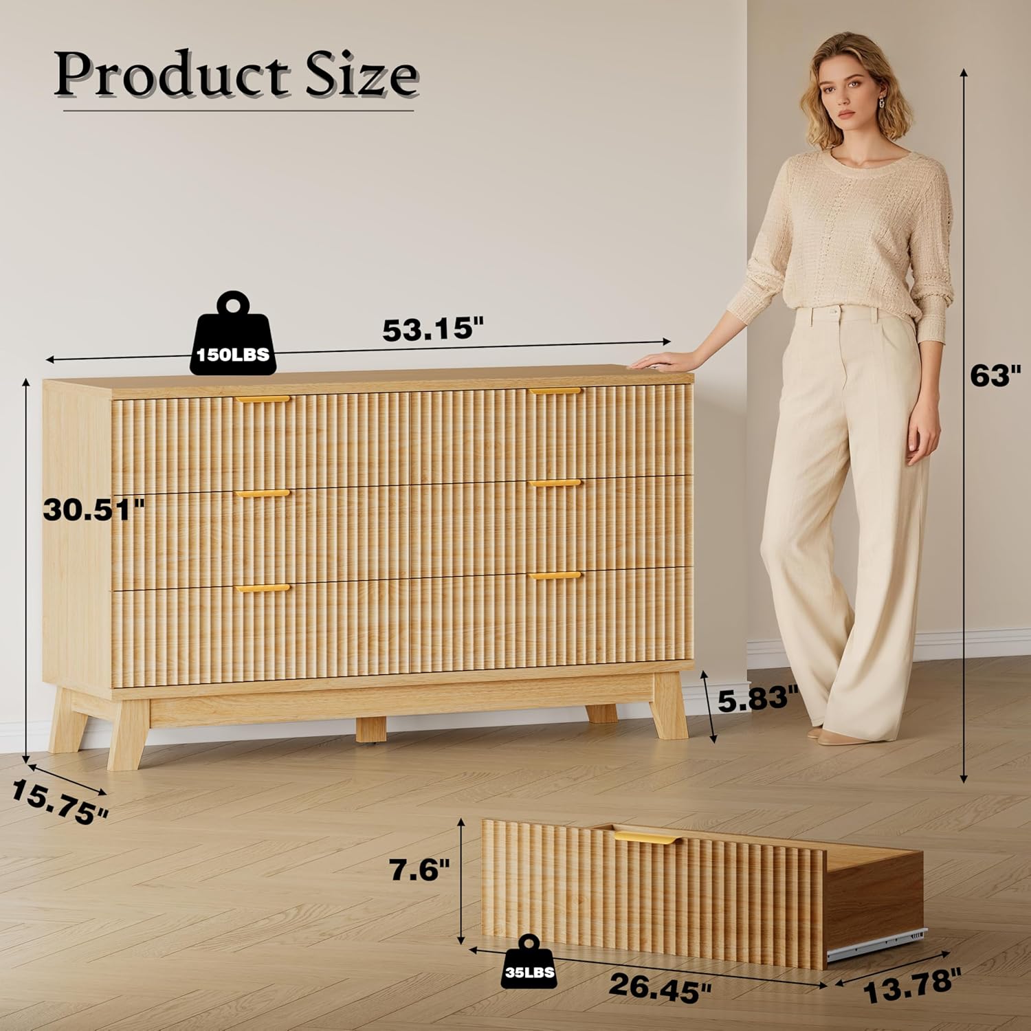 BORNOON 53 Long Dresser for Bedroom, 6-Drawer Dresser with Fluted Fronts, Wide Wood Chest of Drawers, Smooth Metal Slides, Stable Base, Modern Clothes Storage Cabinet for Living Room, Hallway