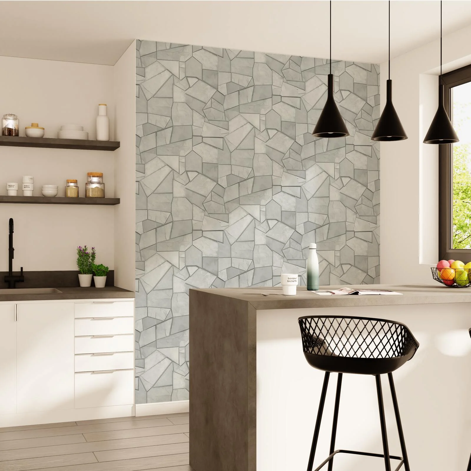 ELLE DECORATION Papier peint intissé DWEN blanc et argenté