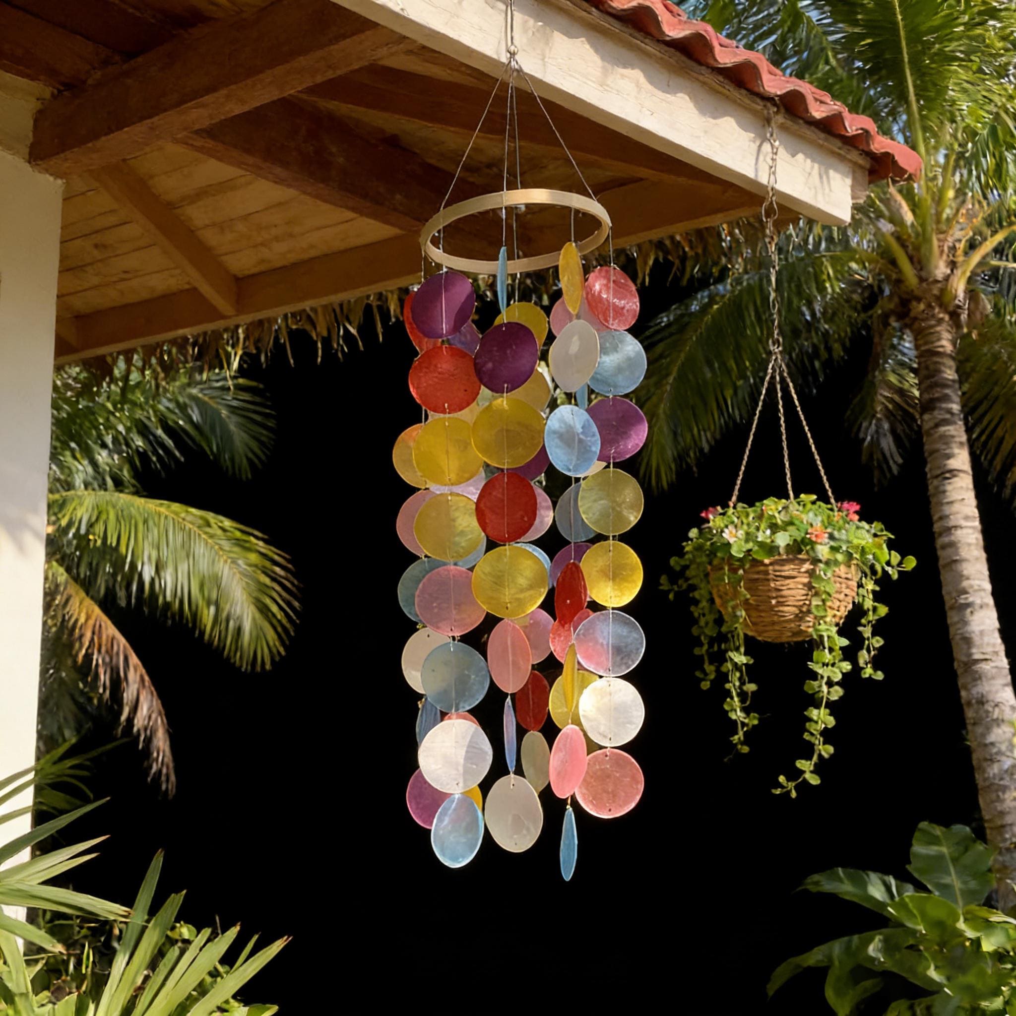 Rainbow Capiz Shell Wind Chime, Handmade Colorful Hanging Mobile for Patio, Porch & Garden Decor
